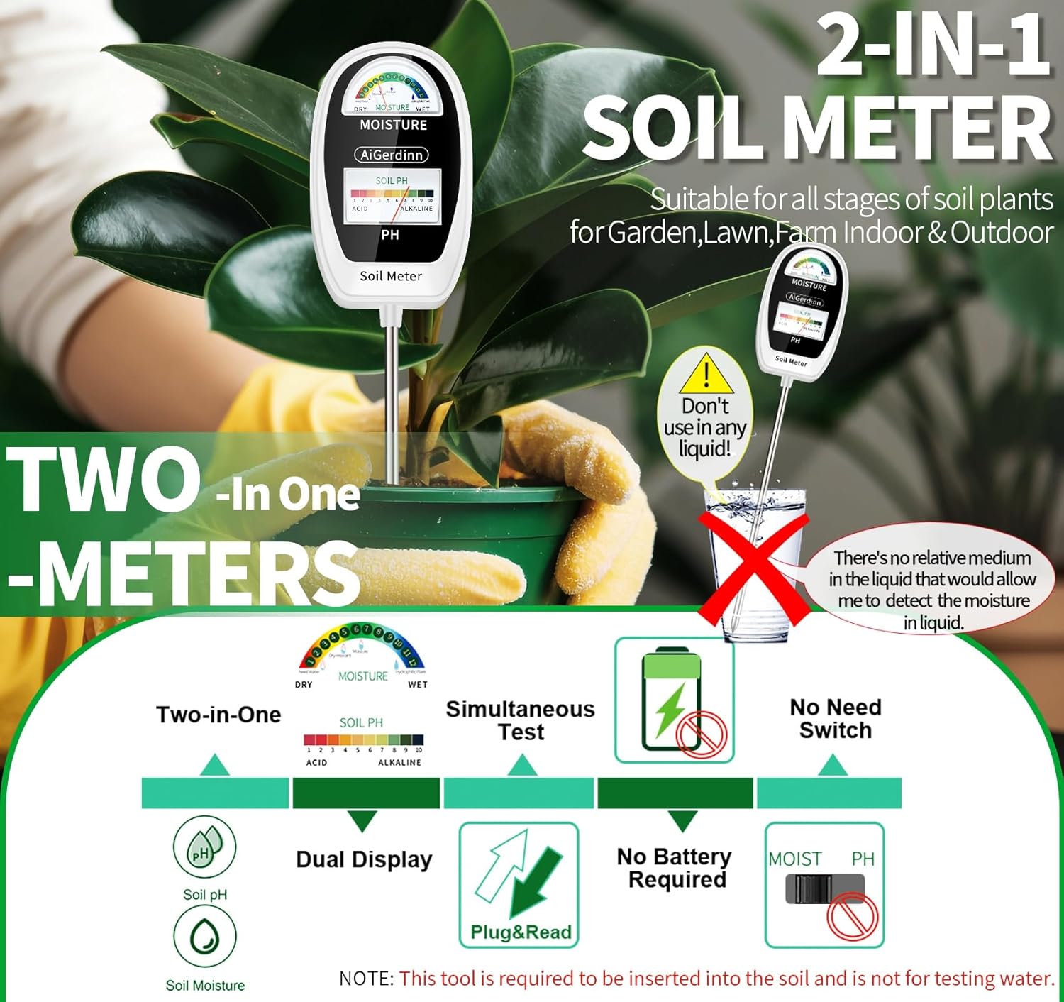 2-in-1 Soil Moisture & pH Mete - Moisture Meter Plant 评论和价格